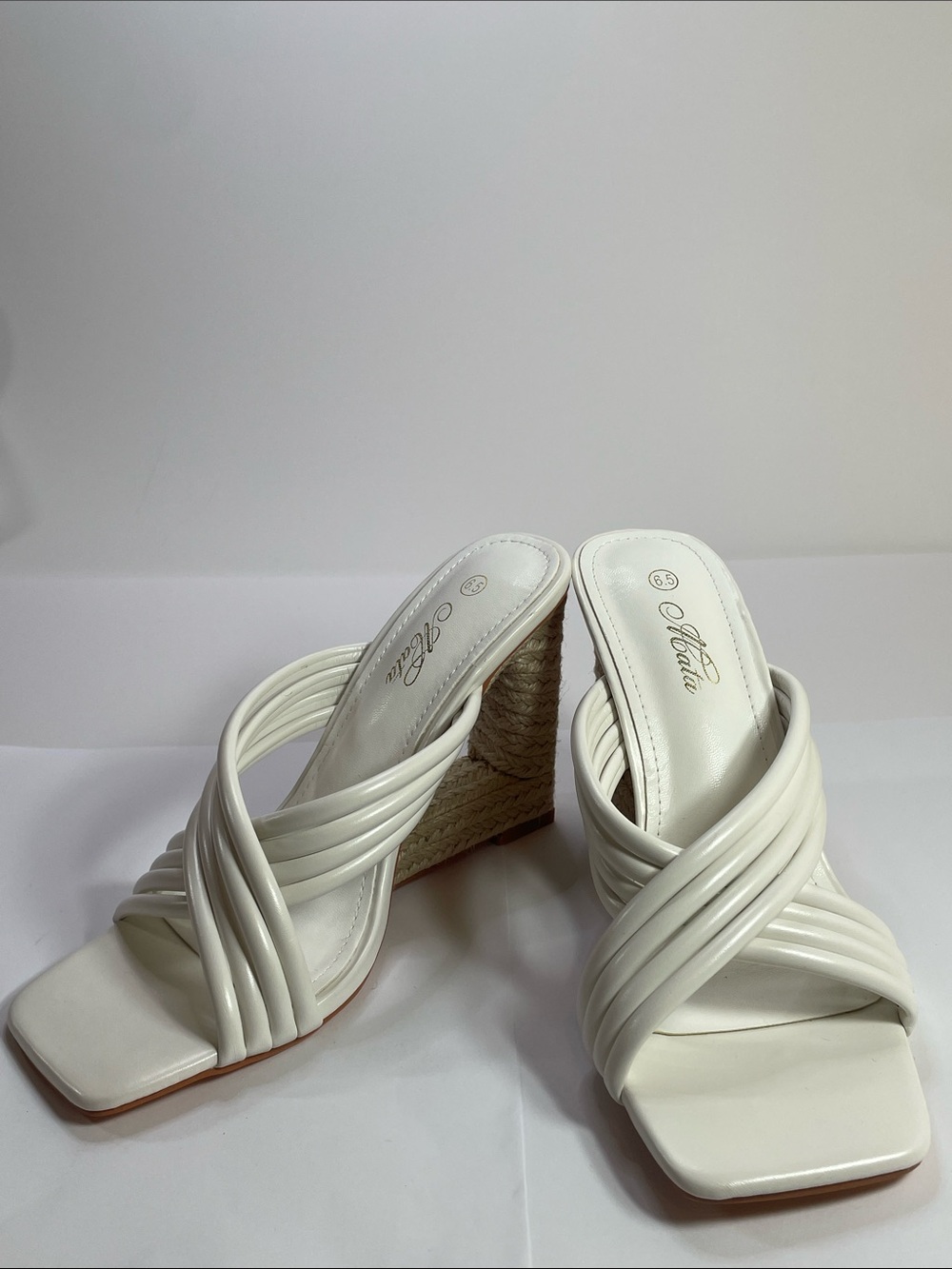 Mata White Braided-Strap Wedge Sandals Size 6.5